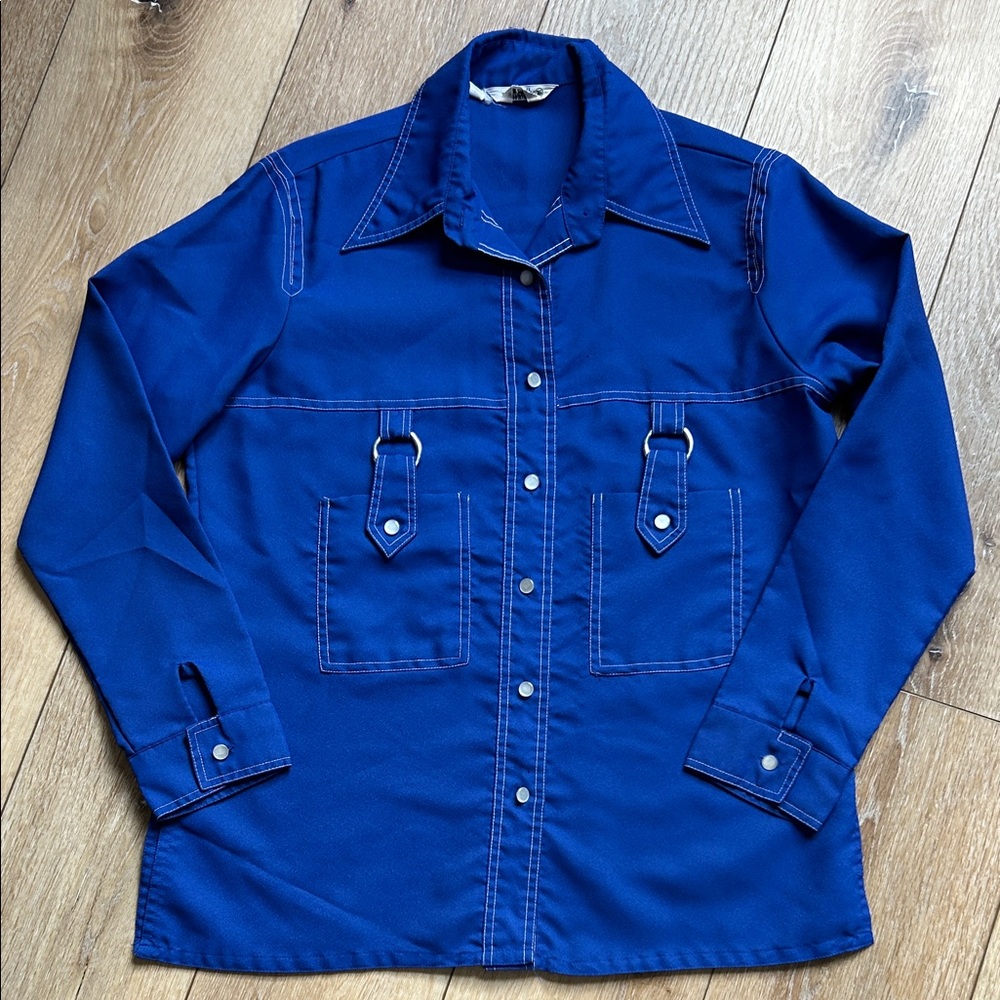 Vintage Miss Holly Long Sleeve Blue Button Shirt Hippie Size 36 Pointed Collar